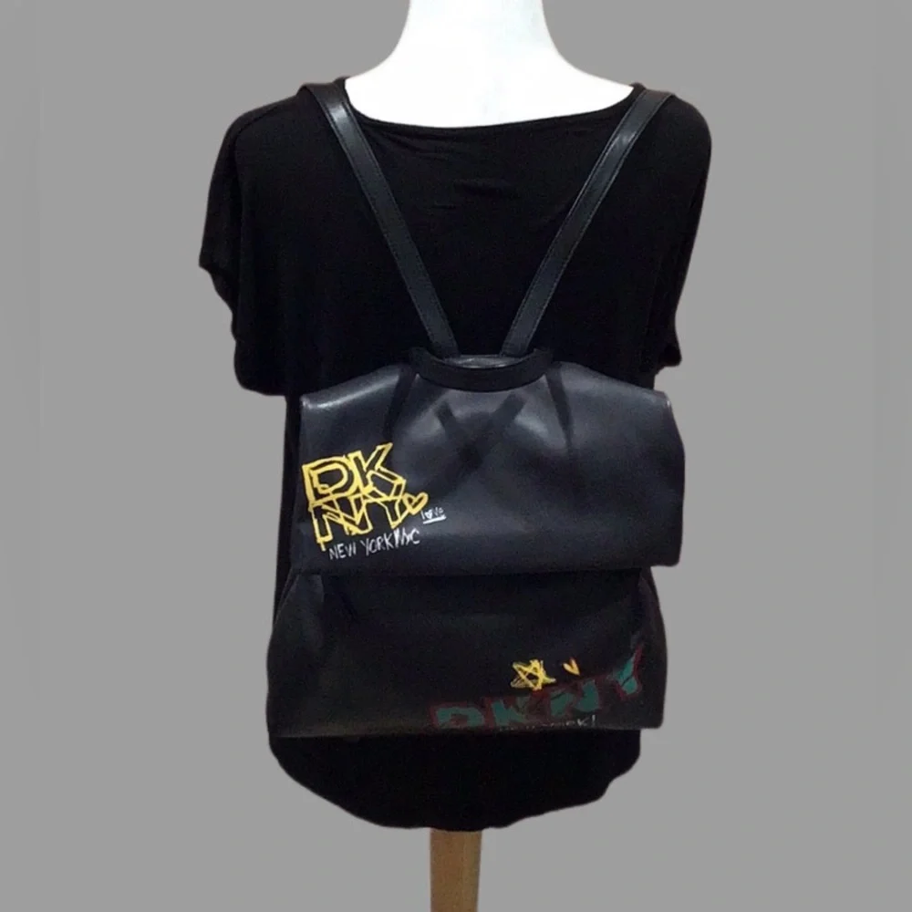 DKNY Tilly Graffiti Fold-Over Backpack, Faux Leather, Graffiti Logo Print, Black - Picture 3 of 12